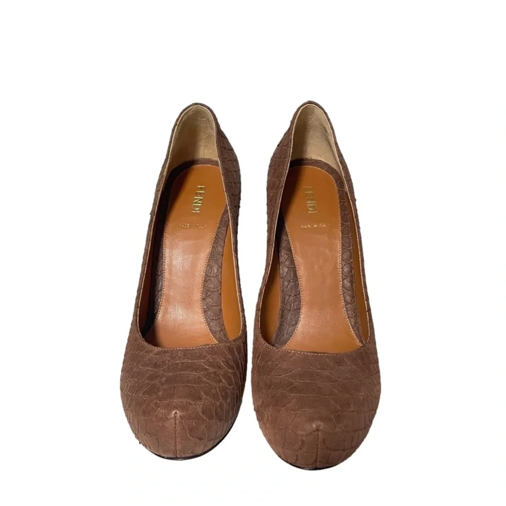 FENDI Logo Python Embossed Leather Round Toe Designer Heels - Size 10 - Brown - Picture 3 of 11